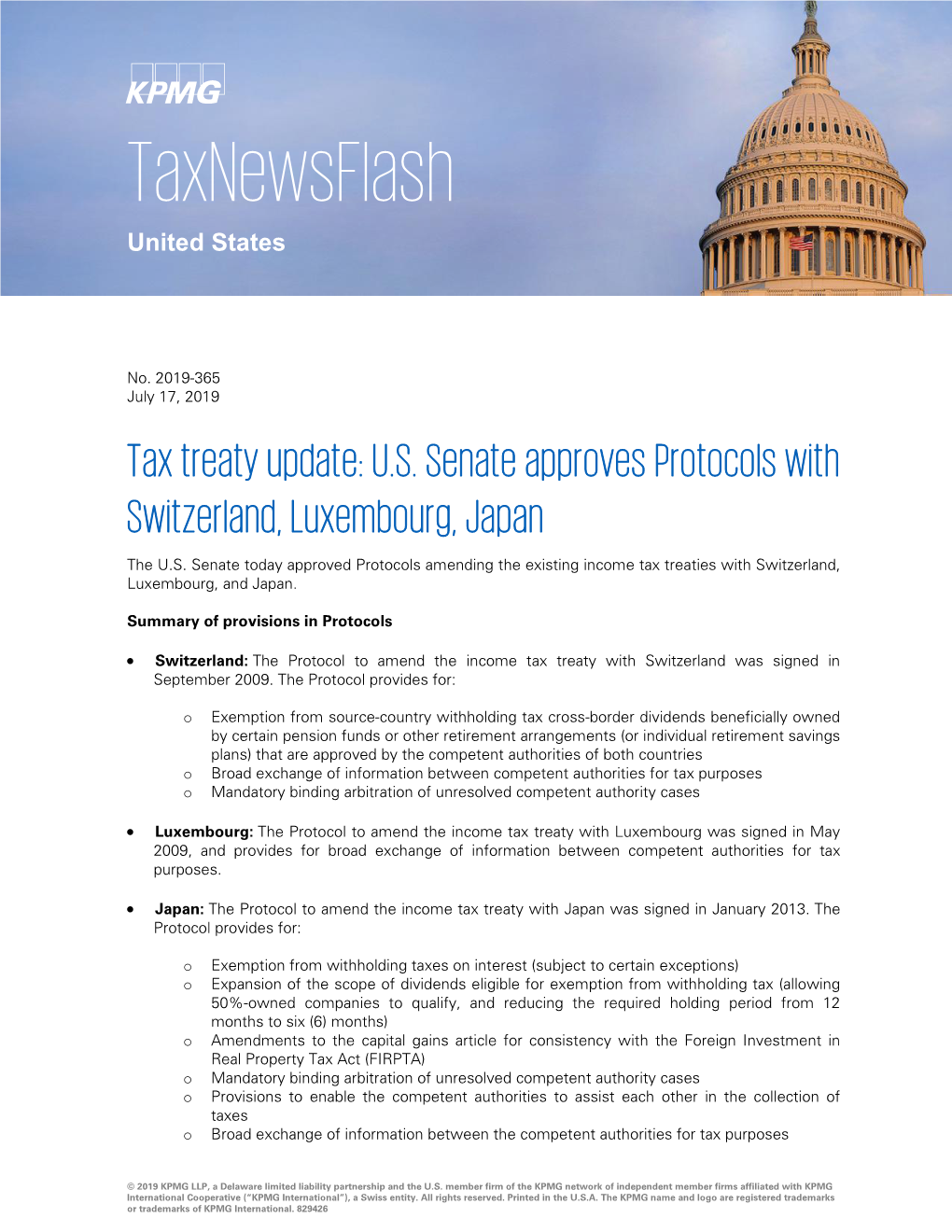 Tax Treaty Update: U.S. Senate Approves Protocols with Switzerland, Luxembourg, Japan