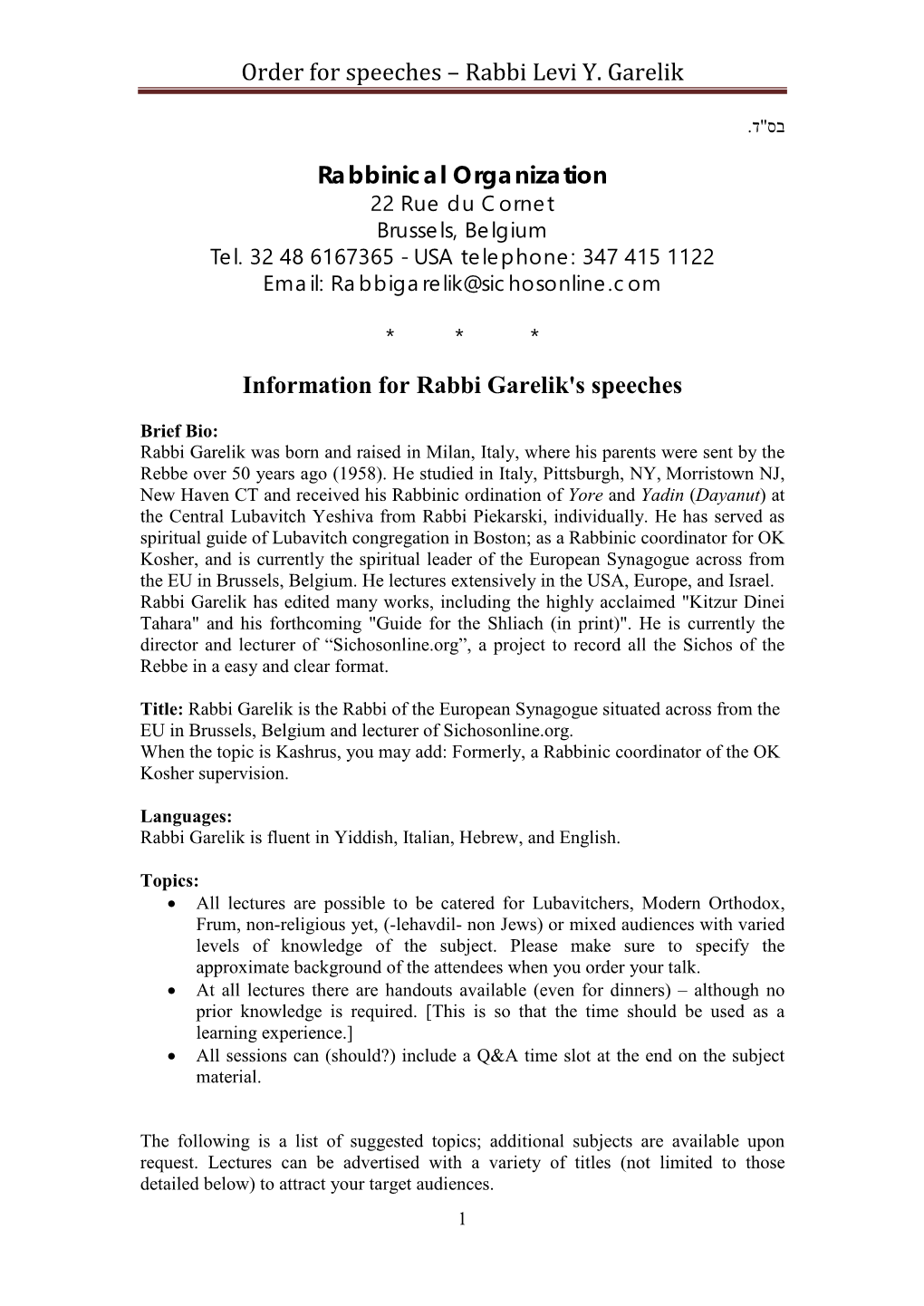 Order for Speeches – Rabbi Levi Y. Garelik