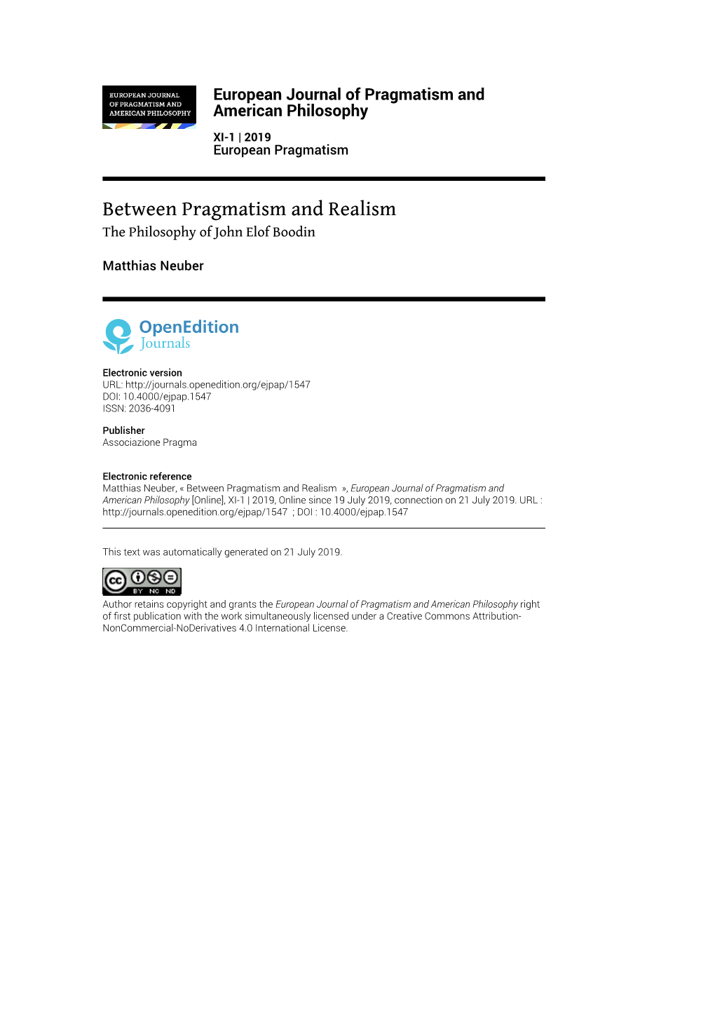 European Journal of Pragmatism and American Philosophy, XI-1 | 2019 Between Pragmatism and Realism 2