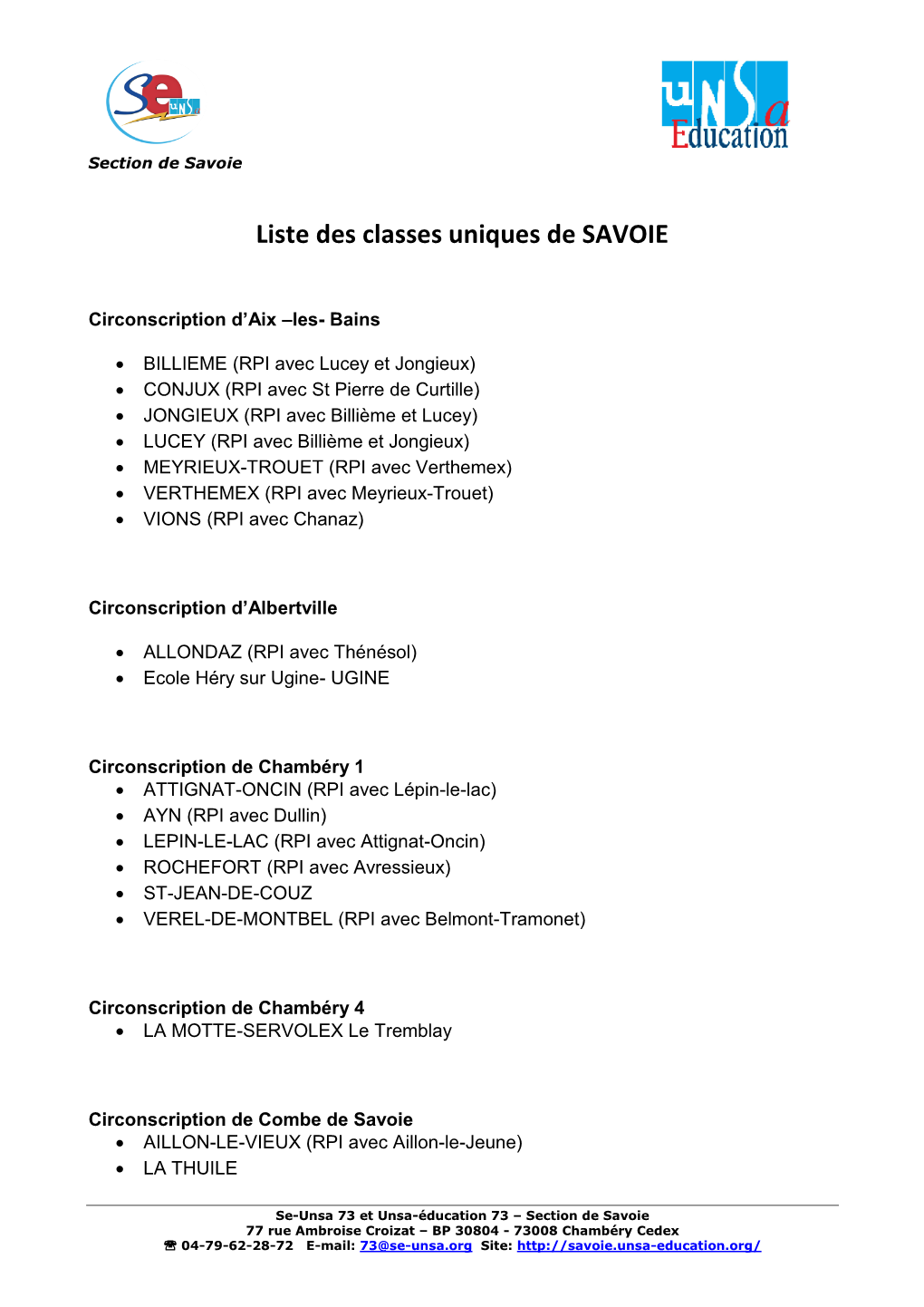 Liste Des Classes Uniques De SAVOIE