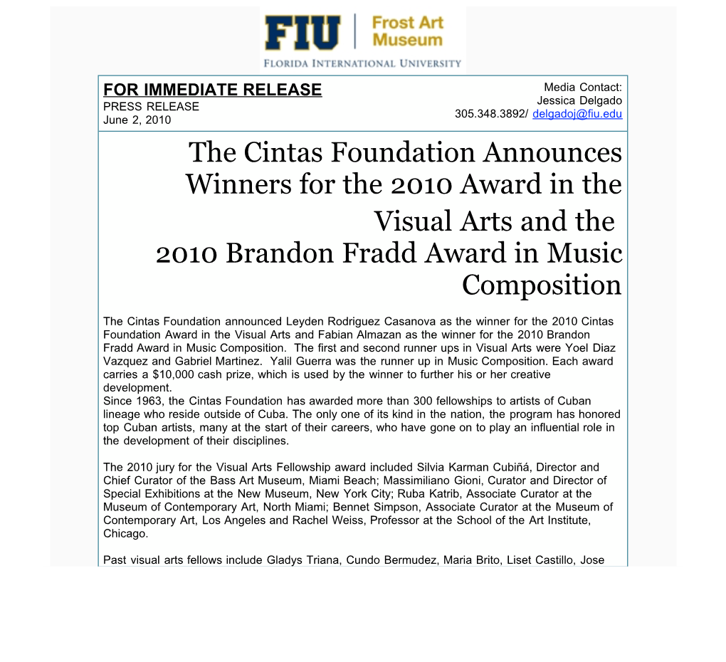 FW the Cintas Foundation Announces Winners for the 2010 Award in Visual Arts & Music