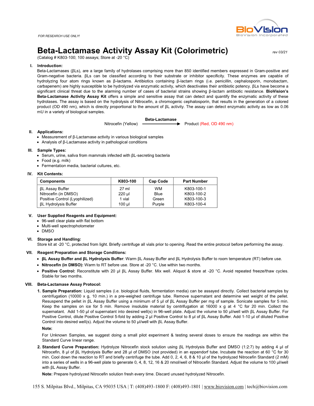 Beta-Lactamase Activity Assay Kit (Colorimetric) Rev 03/21 (Catalog # K803-100; 100 Assays; Store at -20 °C) I