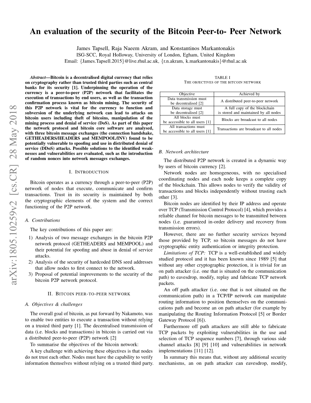 An Evaluation of the Security of the Bitcoin Peer-To-Peer Network