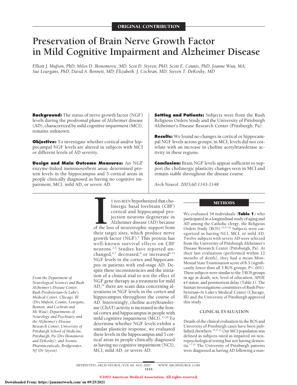 Preservation of Brain Nerve Growth Factor in Mild Cognitive Impairment and Alzheimer Disease