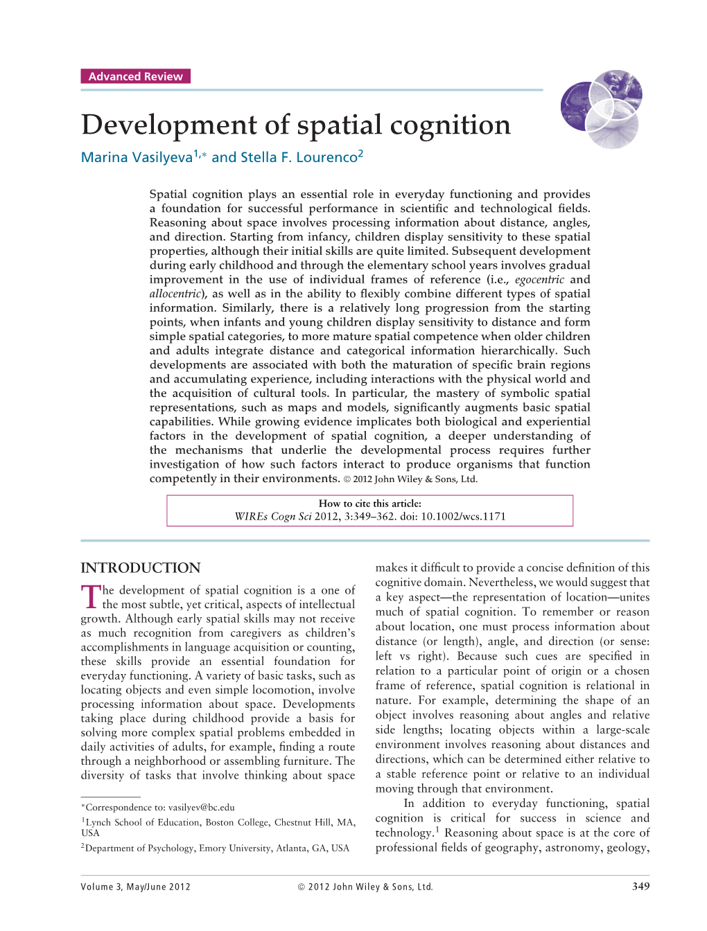 Development of Spatial Cognition Marina Vasilyeva1,∗ and Stella F
