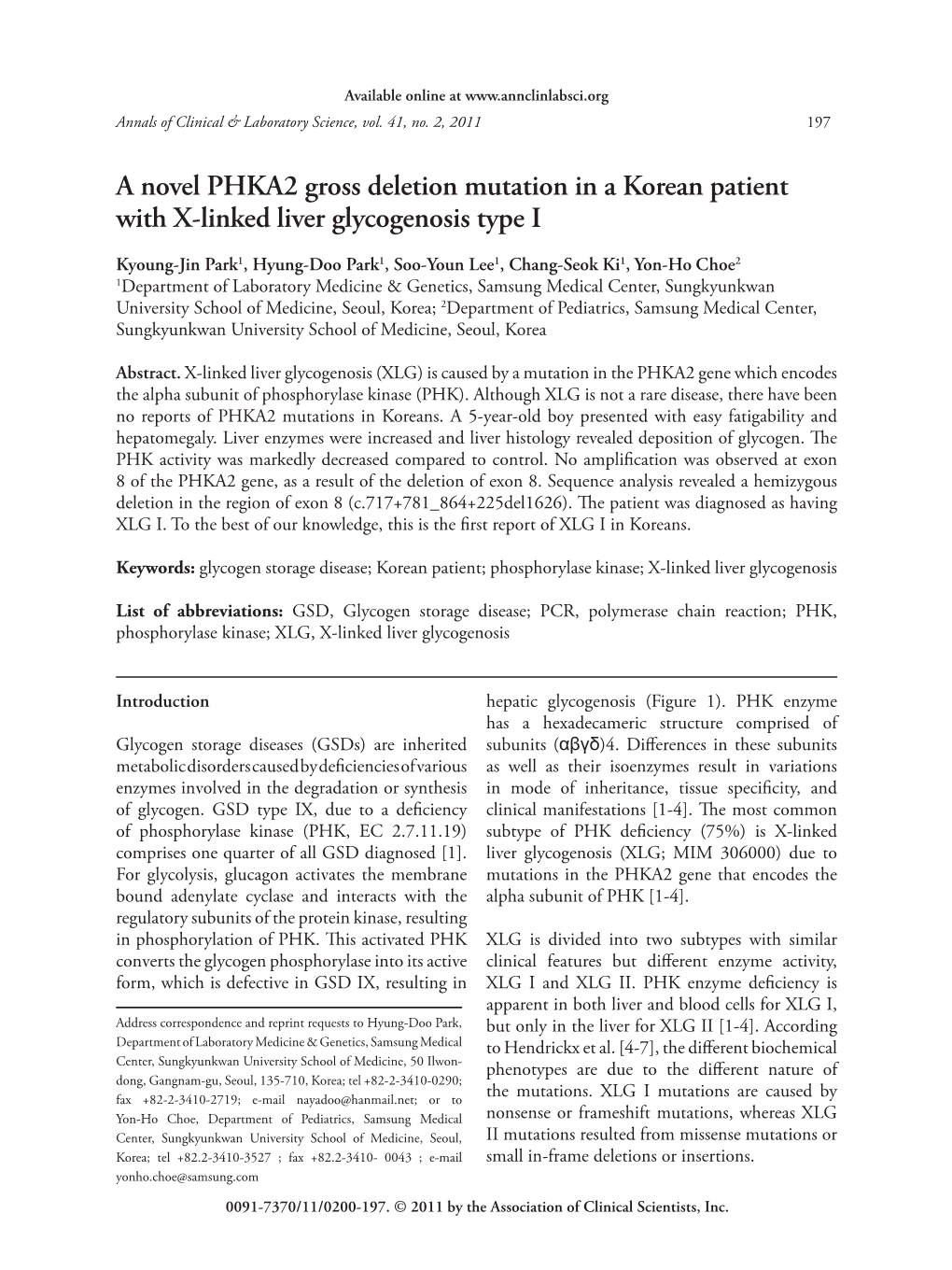 A Novel PHKA2 Gross Deletion Mutation in a Korean Patient with X-Linked Liver Glycogenosis Type I