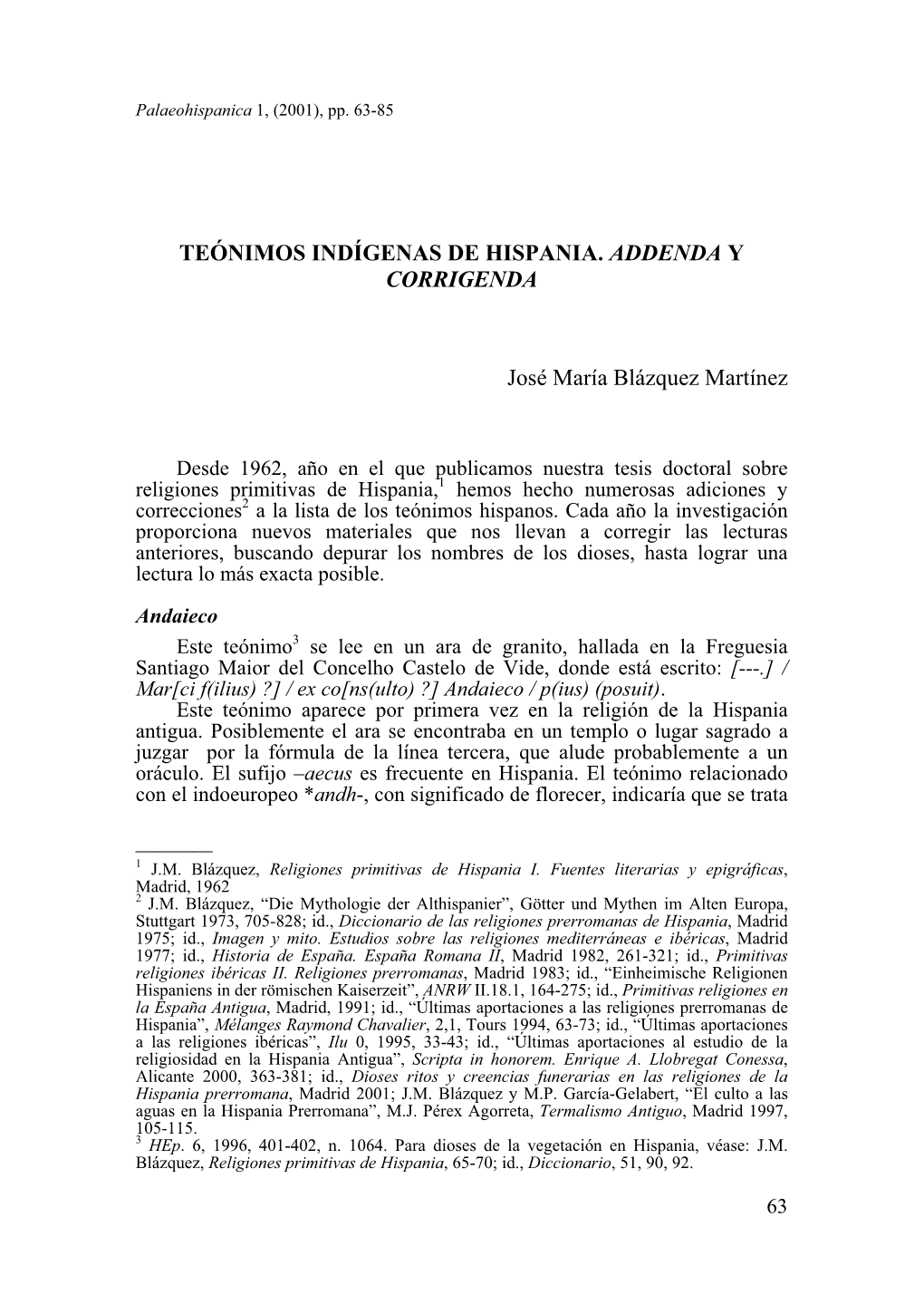 7. Teónimos Indígenas De Hispania. Addenda Y Corrigenda, Por José