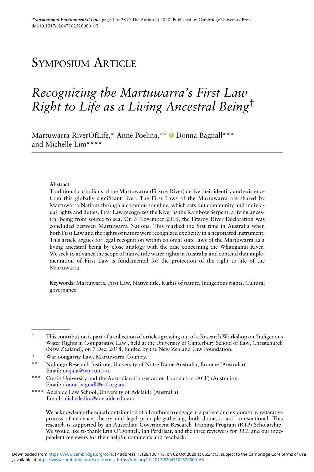 Recognizing the Martuwarra's First Law Right to Life As a Living Ancestral Being