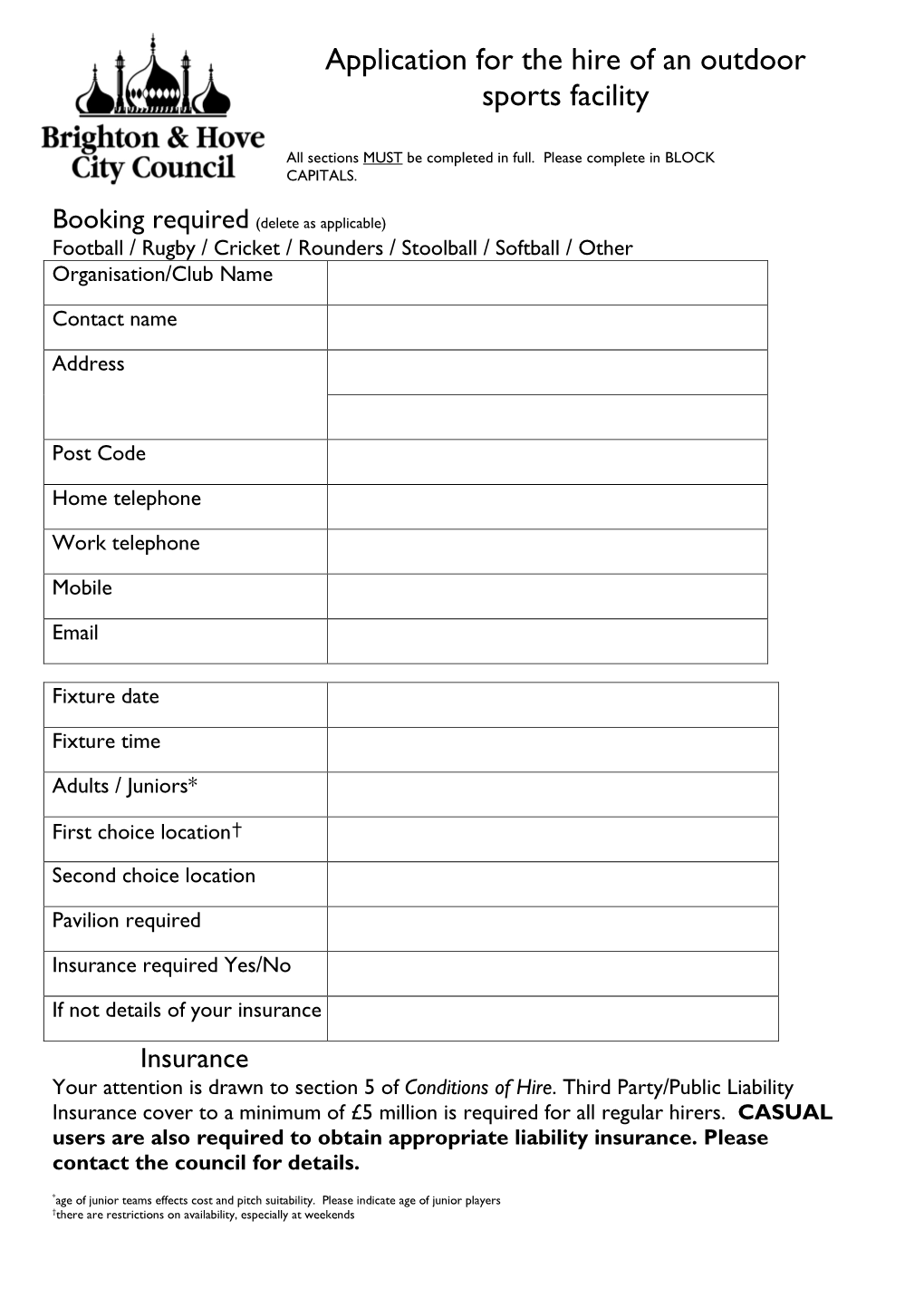 Application Form for All Outdoor Sports Facilities