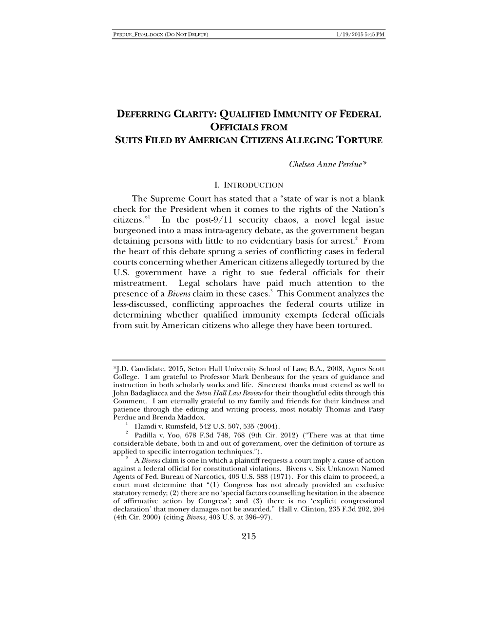 Qualified Immunity of Federal Officials from Suits Filed by American Citizens Alleging Torture