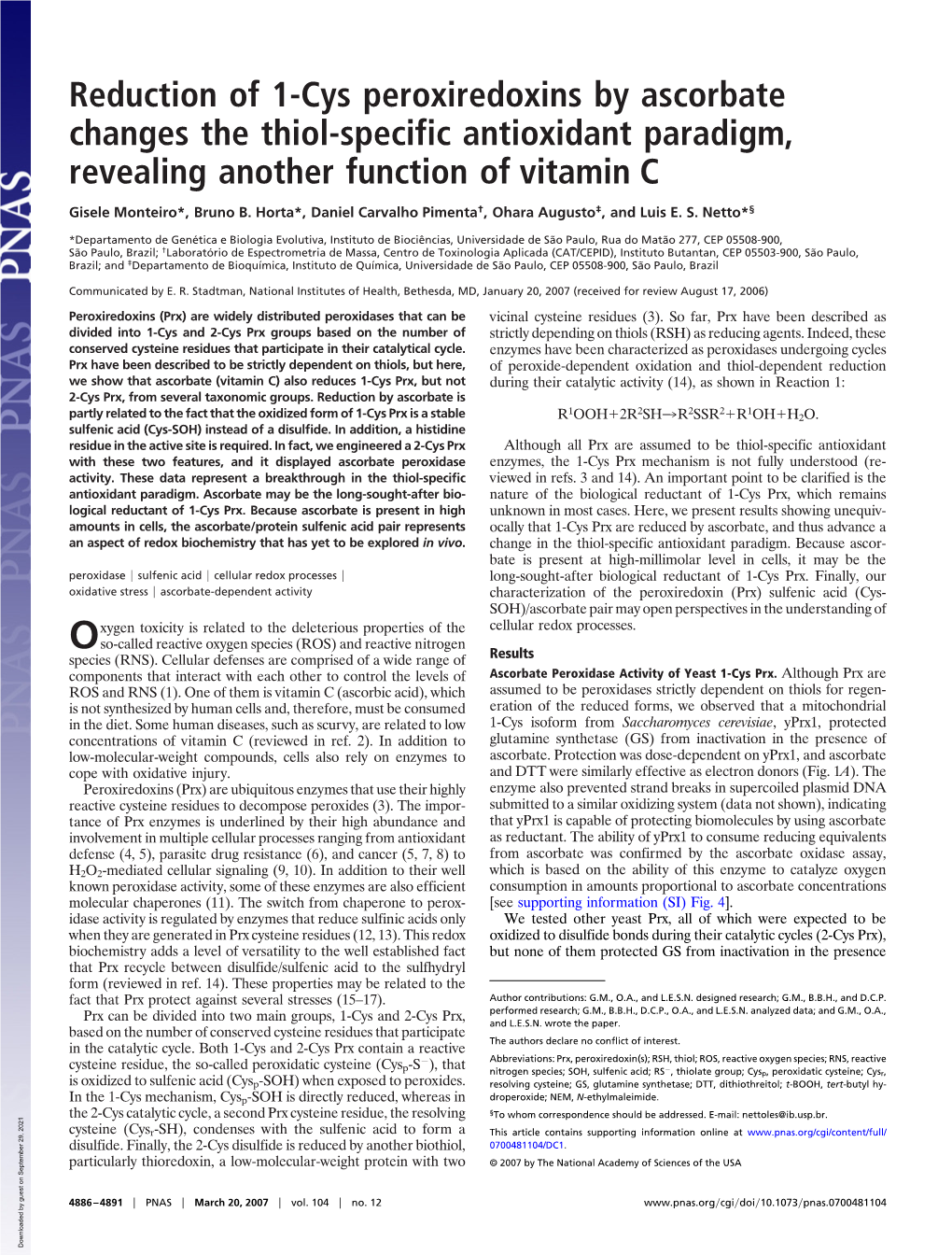 Reduction of 1-Cys Peroxiredoxins by Ascorbate Changes the Thiol-Specific Antioxidant Paradigm, Revealing Another Function of Vitamin C
