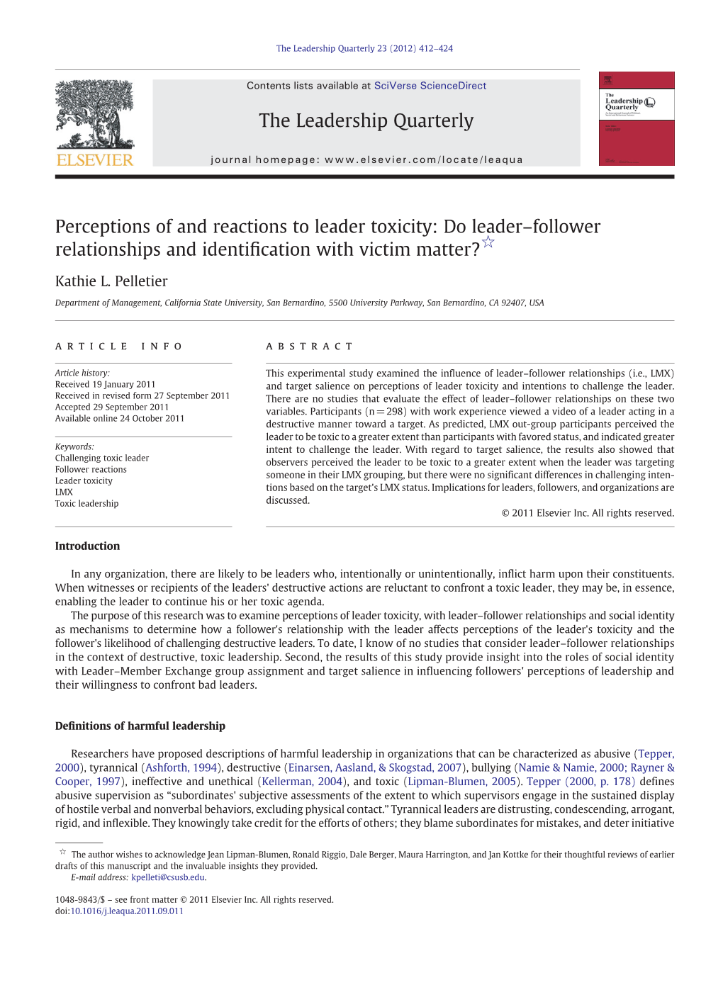 Perceptions of and Reactions to Leader Toxicity: Do Leader–Follower Relationships and Identiﬁcation with Victim Matter?☆