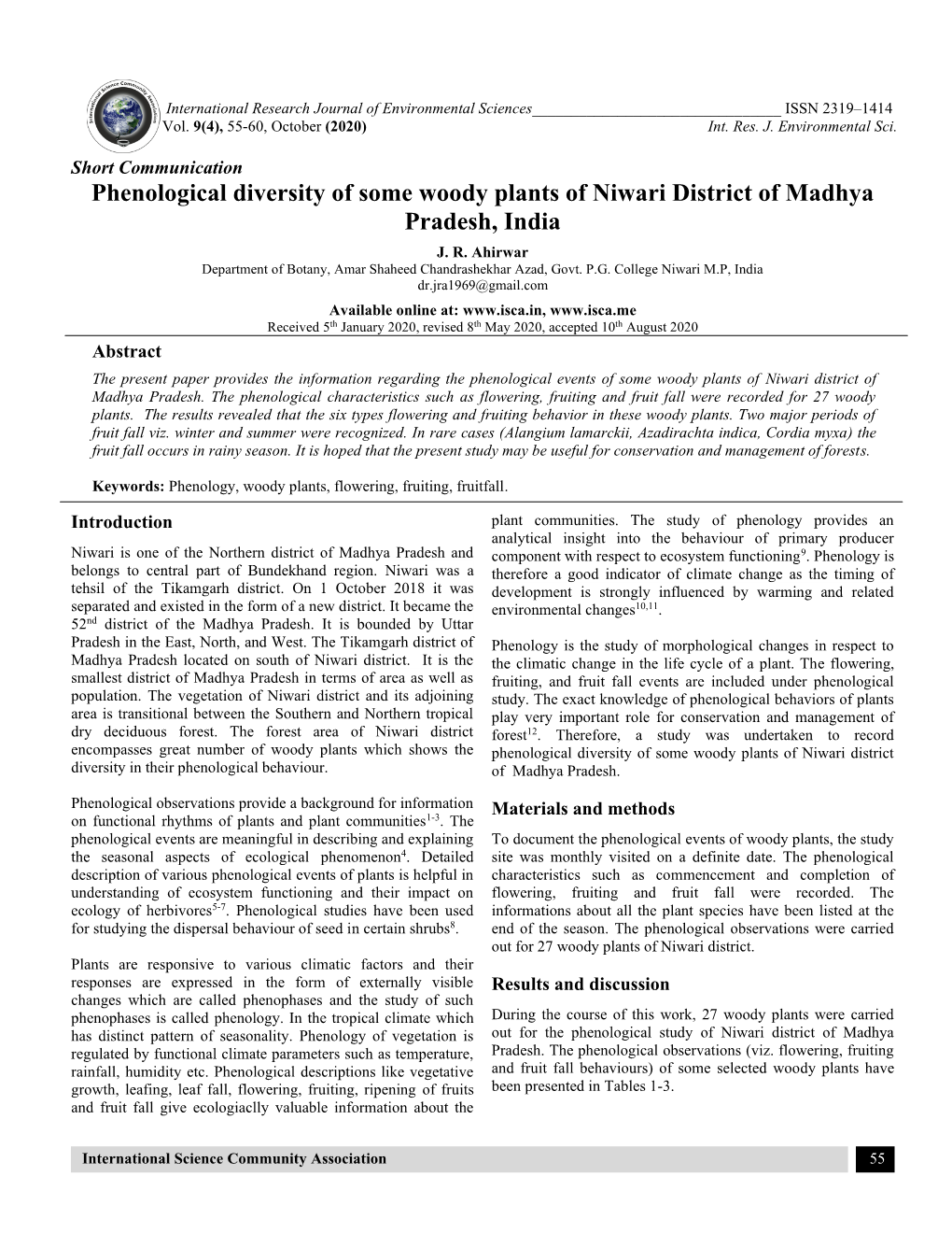 Phenological Diversity of Some Woody Plants of Niwari District of Madhya Pradesh, India J