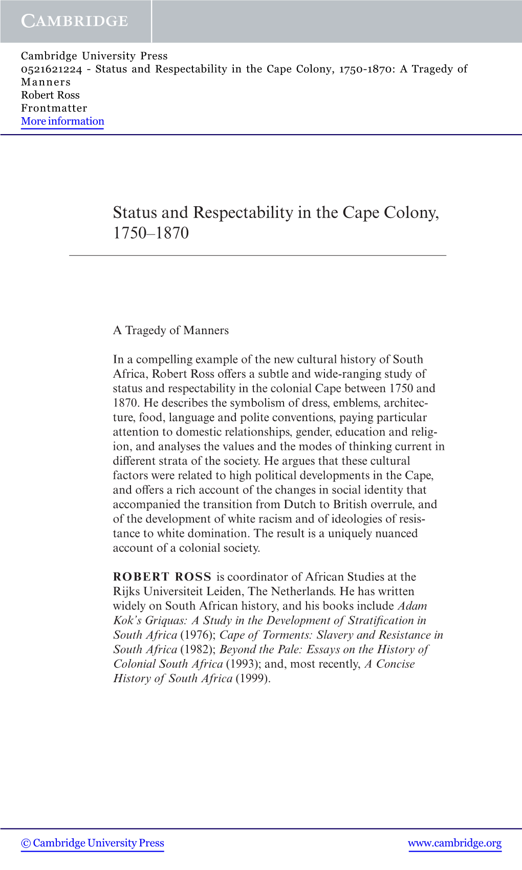 Status and Respectability in the Cape Colony, 1750–1870