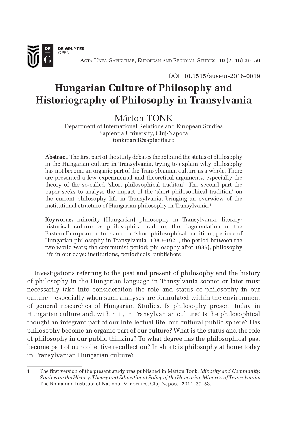 Hungarian Culture of Philosophy and Historiography of Philosophy In