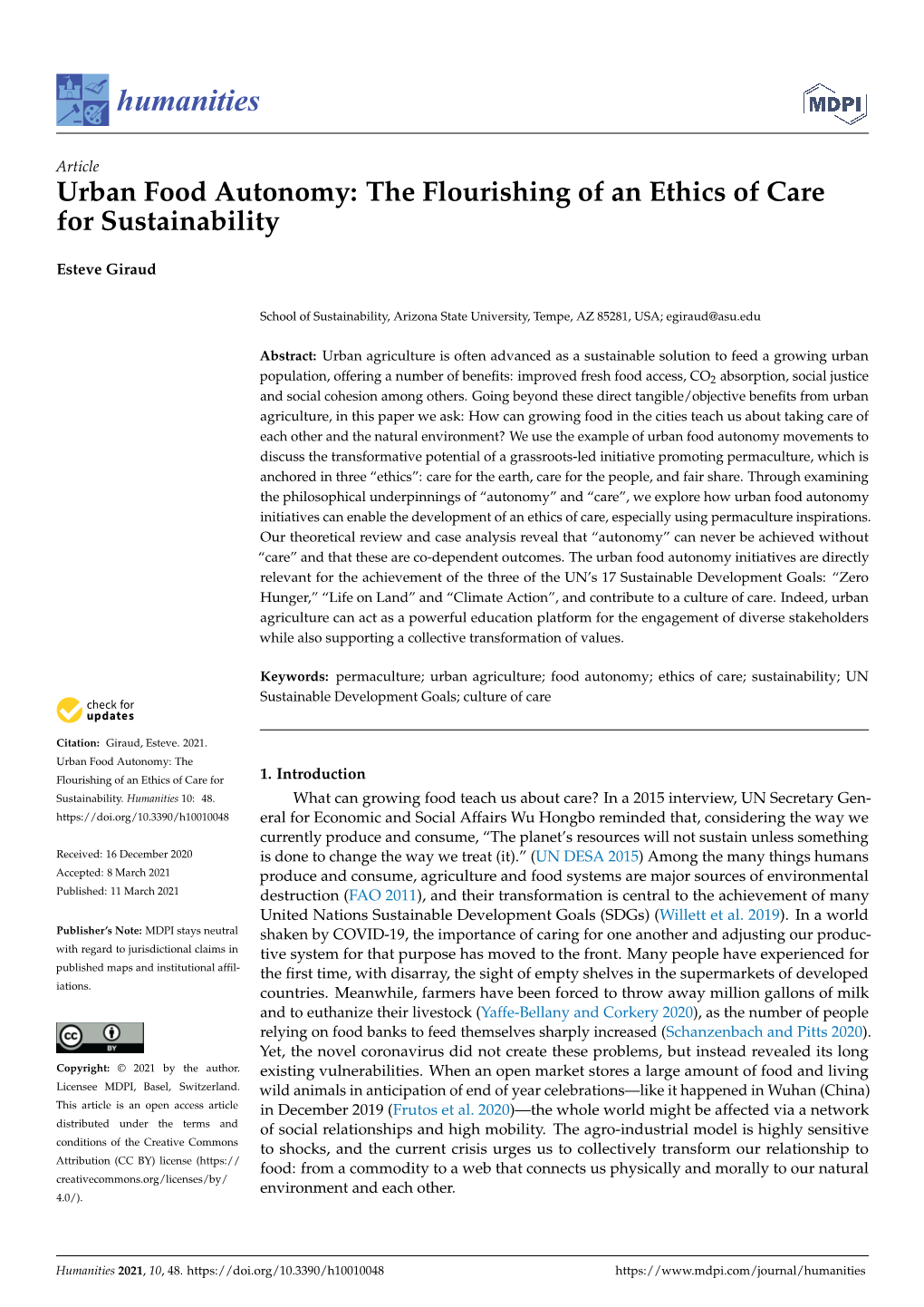 Urban Food Autonomy: the Flourishing of an Ethics of Care for Sustainability