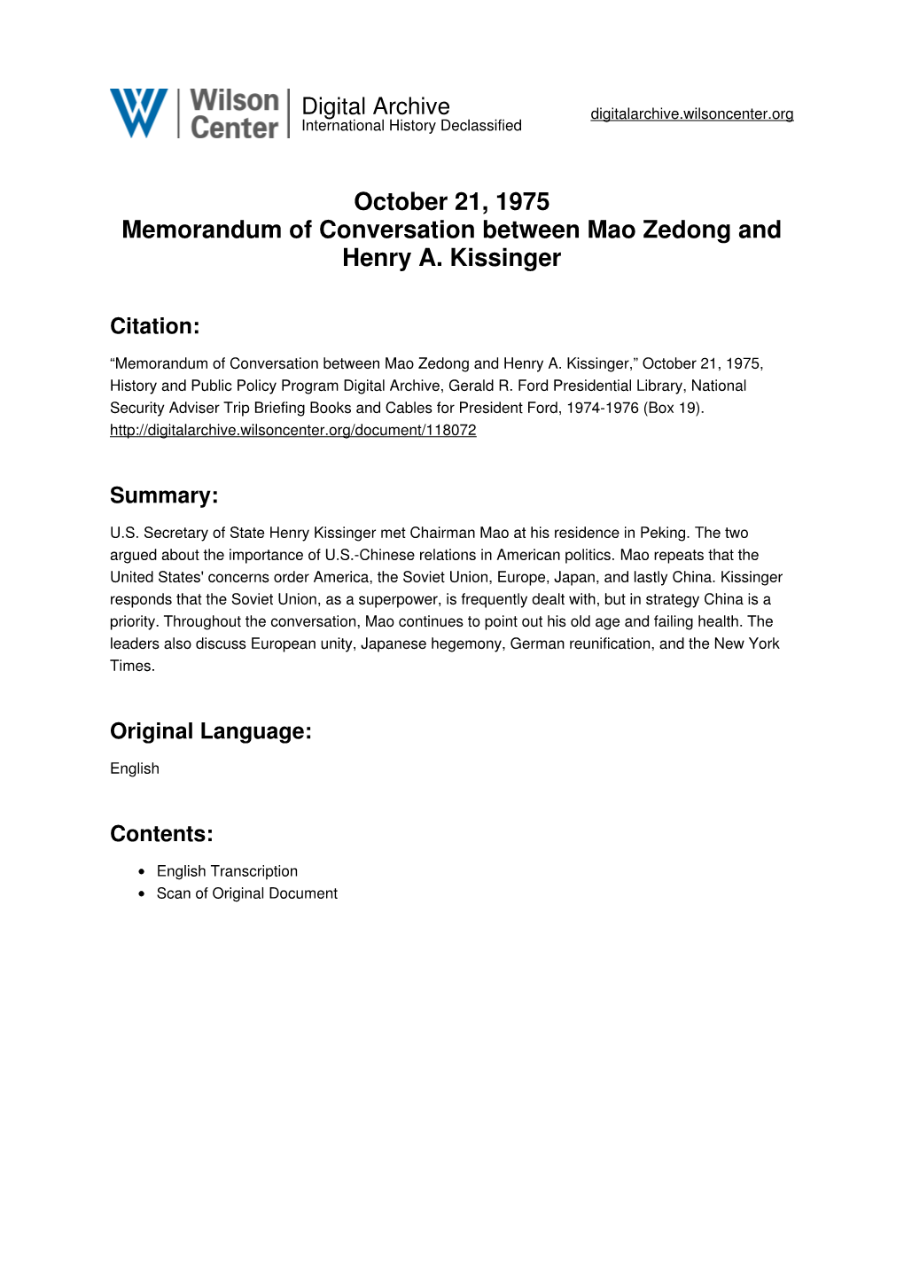 October 21, 1975 Memorandum of Conversation Between Mao Zedong and Henry A