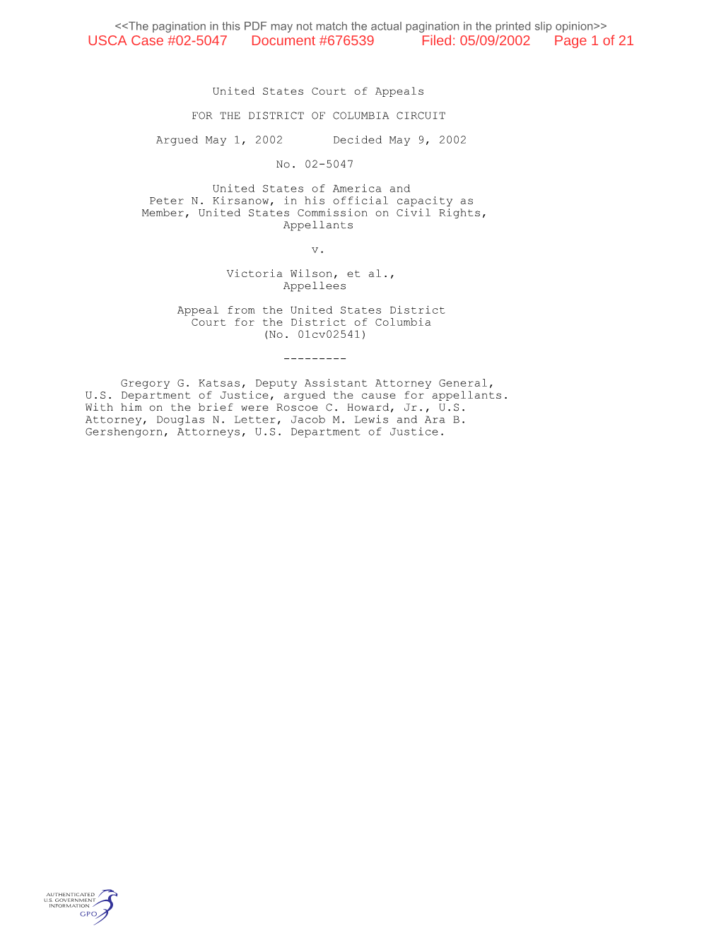 USCA Case #02-5047 Document #676539 Filed: 05/09/2002 Page 1 of 21