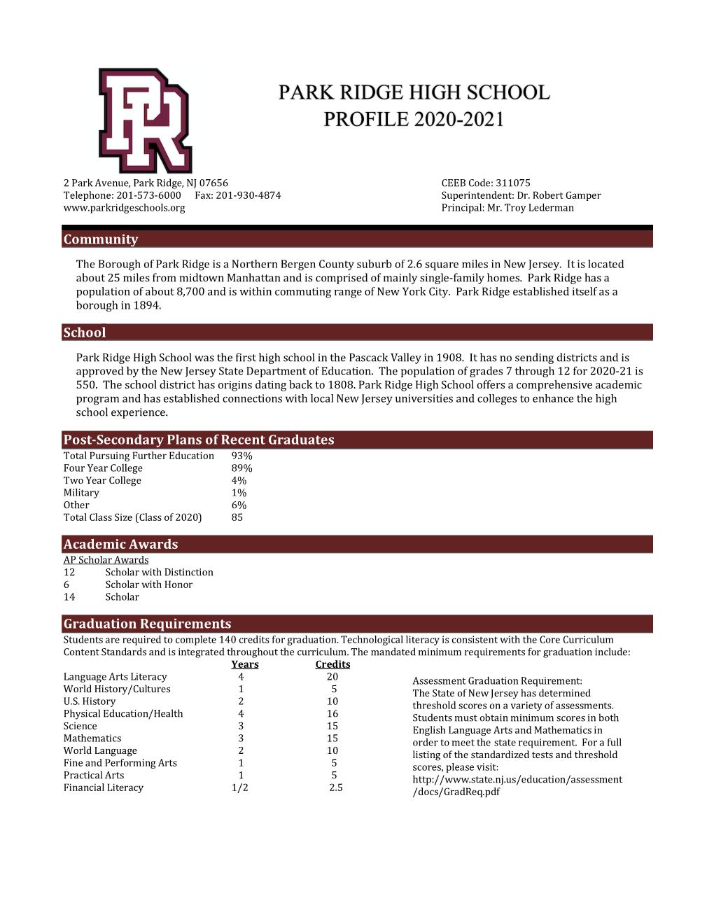 Park Ridge High School Profile 2020-2021