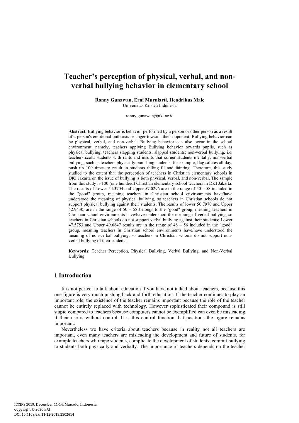 Teacher's Perception of Physical, Verbal, And