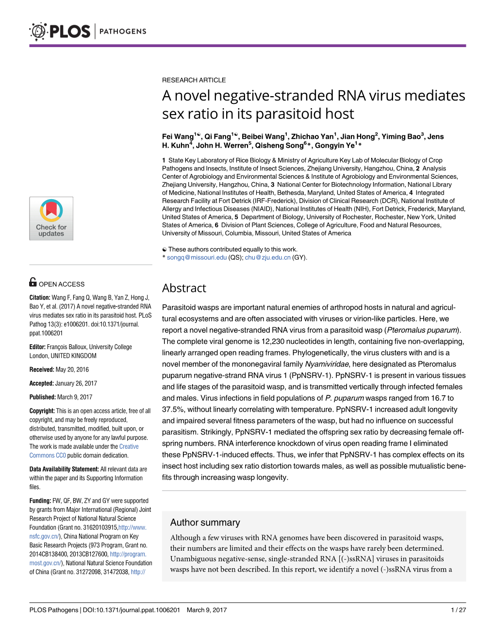 A Novel Negative-Stranded RNA Virus Mediates Sex Ratio in Its Parasitoid Host