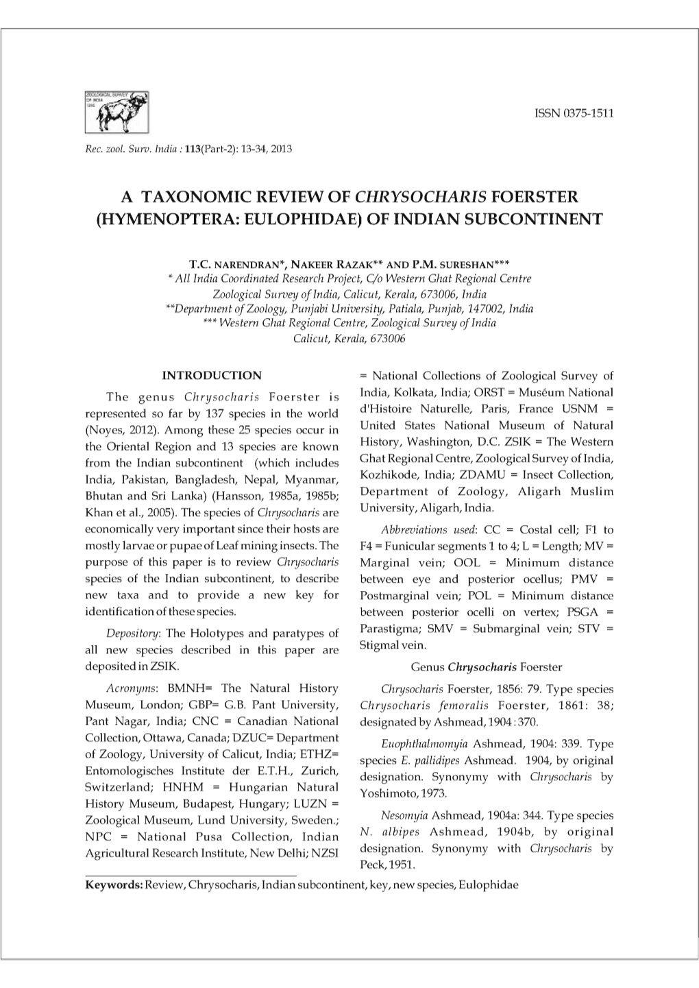 A Taxonomic Review of Chrysocharis Foerster (Hymenoptera: Eulophidae) of Indian Subcontinent