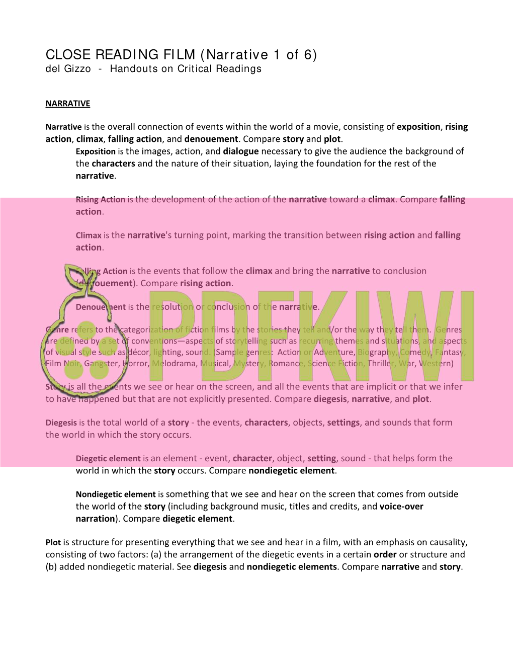 CLOSE READING FILM (Narrative 1 of 6) Del Gizzo - Handouts on Critical Readings