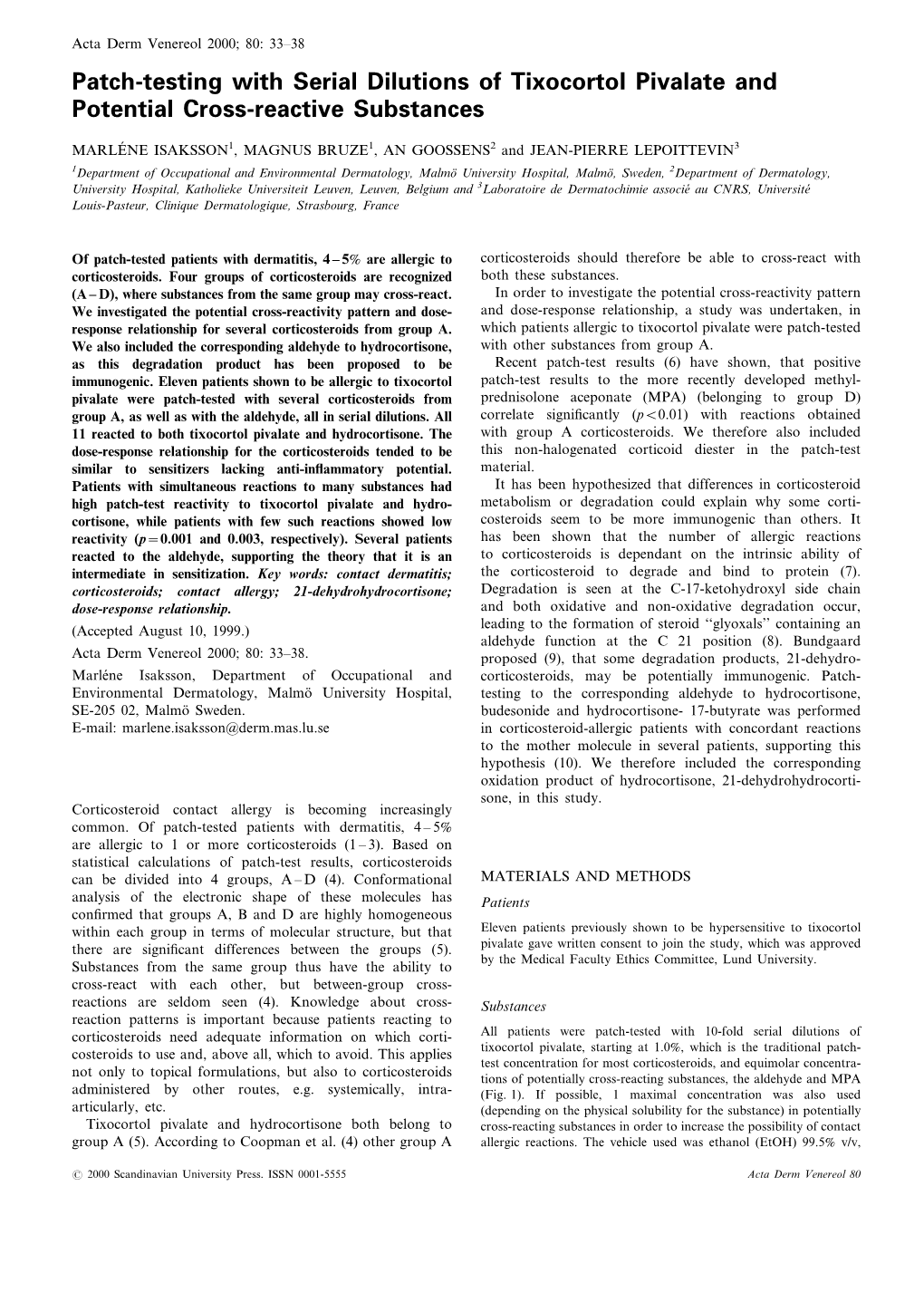 Patch-Testing with Serial Dilutions of Tixocortol Pivalate and Potential Cross-Reactive Substances