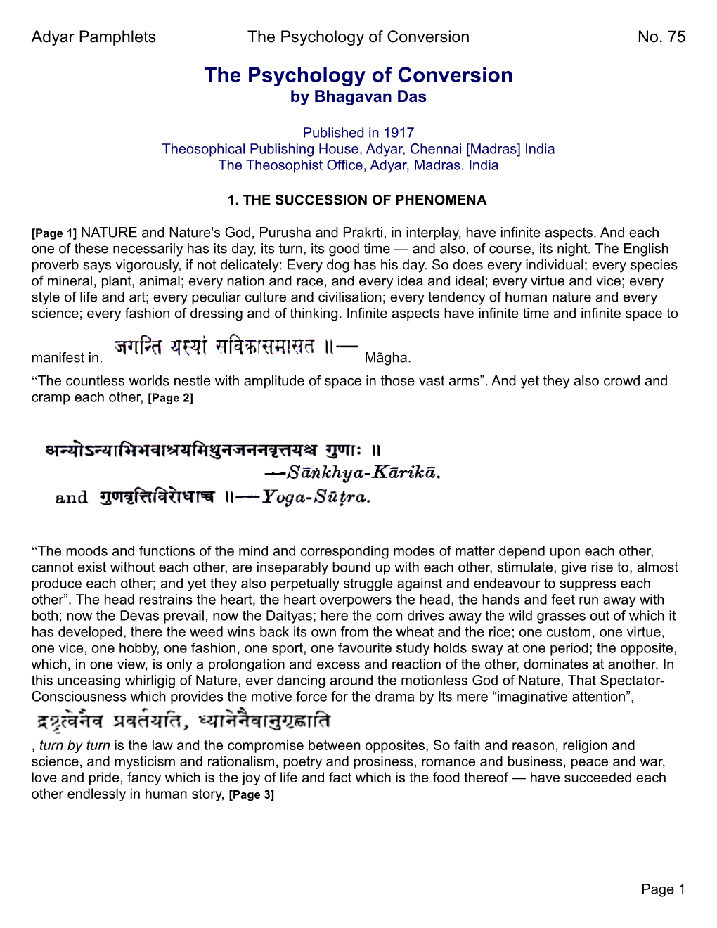 Adyar Pamphlets the Psychology of Conversion No. 75 the Psychology of Conversion by Bhagavan Das