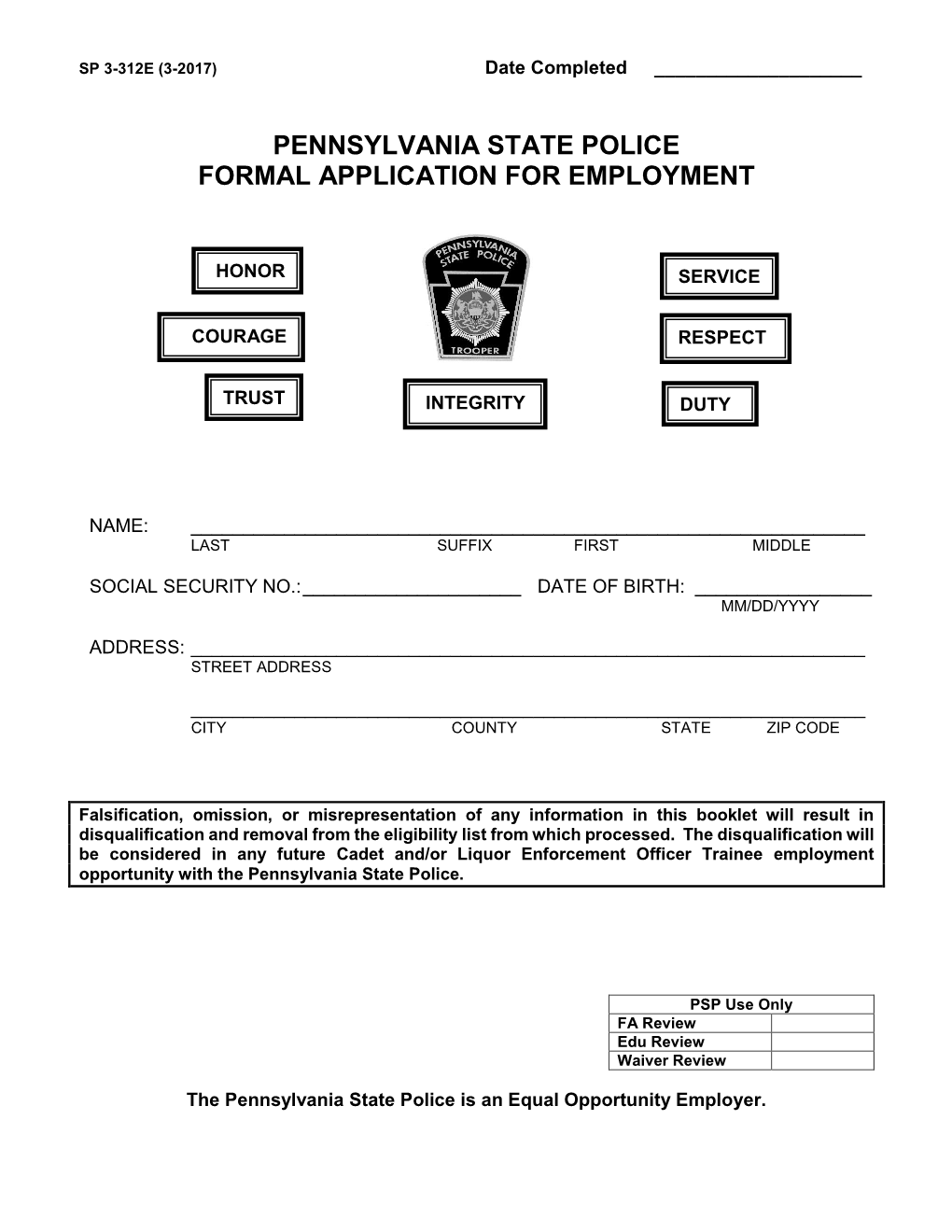 Formal Application for Employment