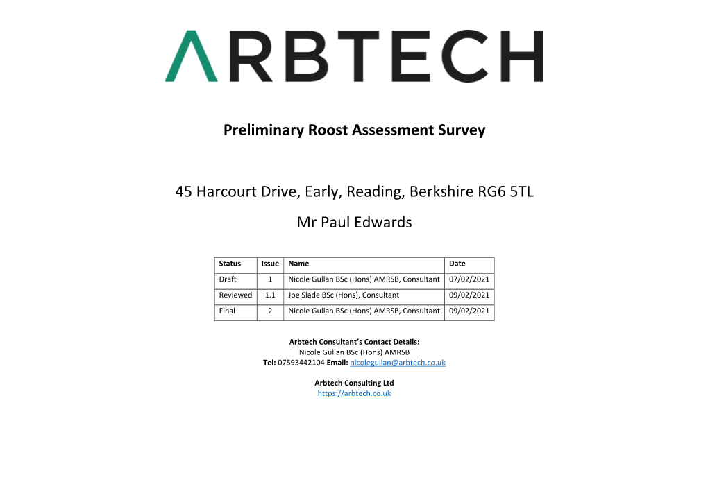 Preliminary Roost Assessment Survey 45 Harcourt Drive, Early, Reading