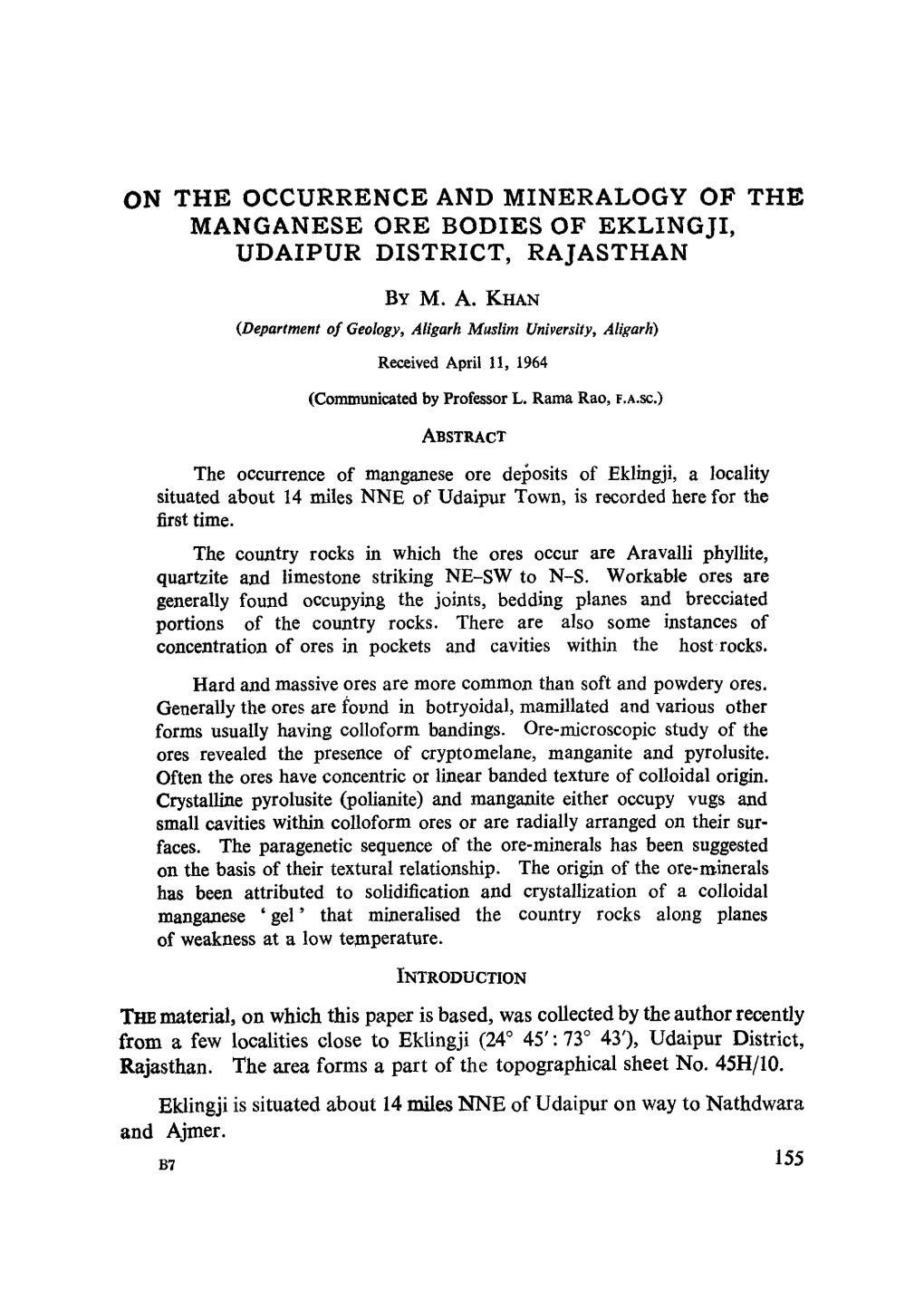 On the Occurrence and Mineralogy of the Manganese Ore Bodies of Eklingji, Udaipur District, Rajasthan