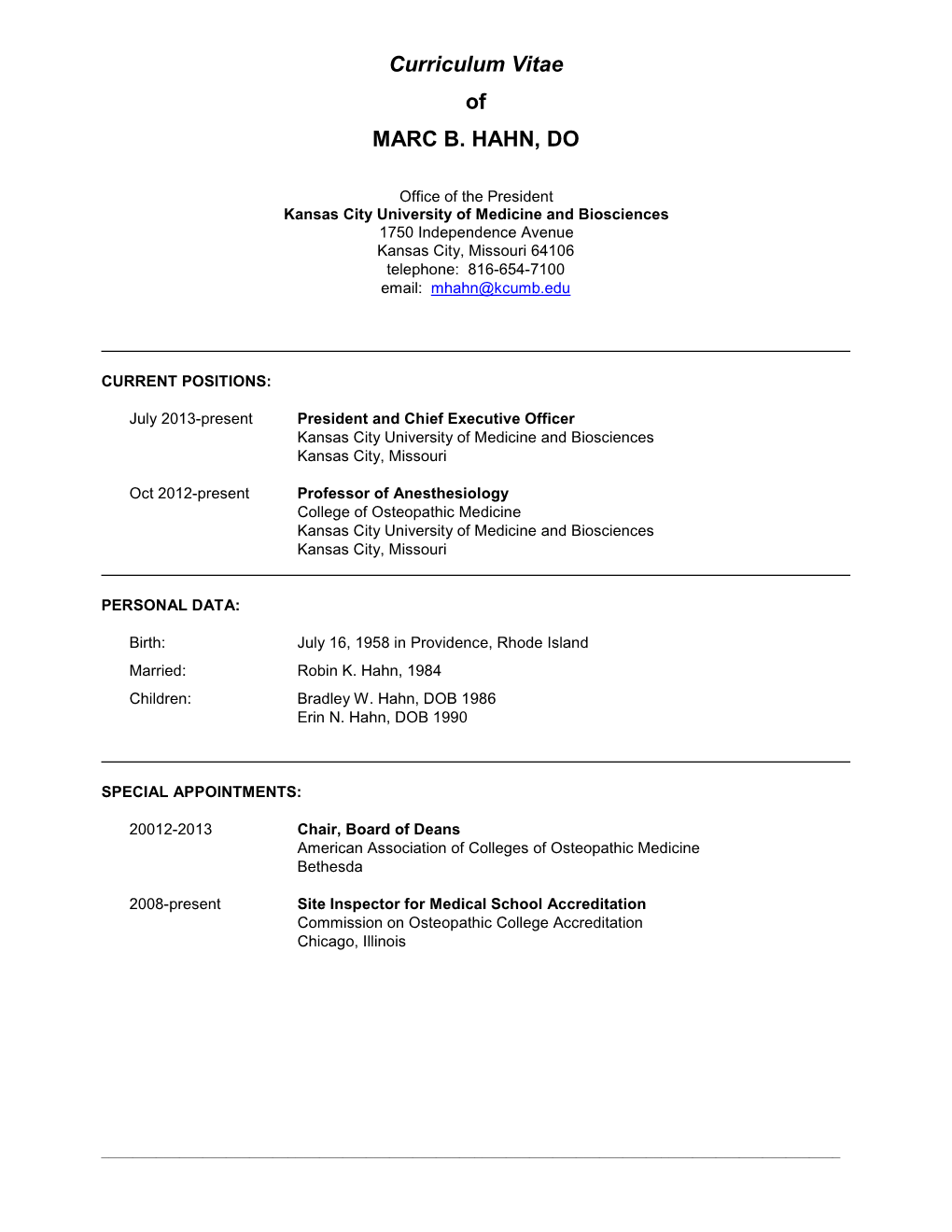 Curriculum Vitae of MARC B. HAHN, DO