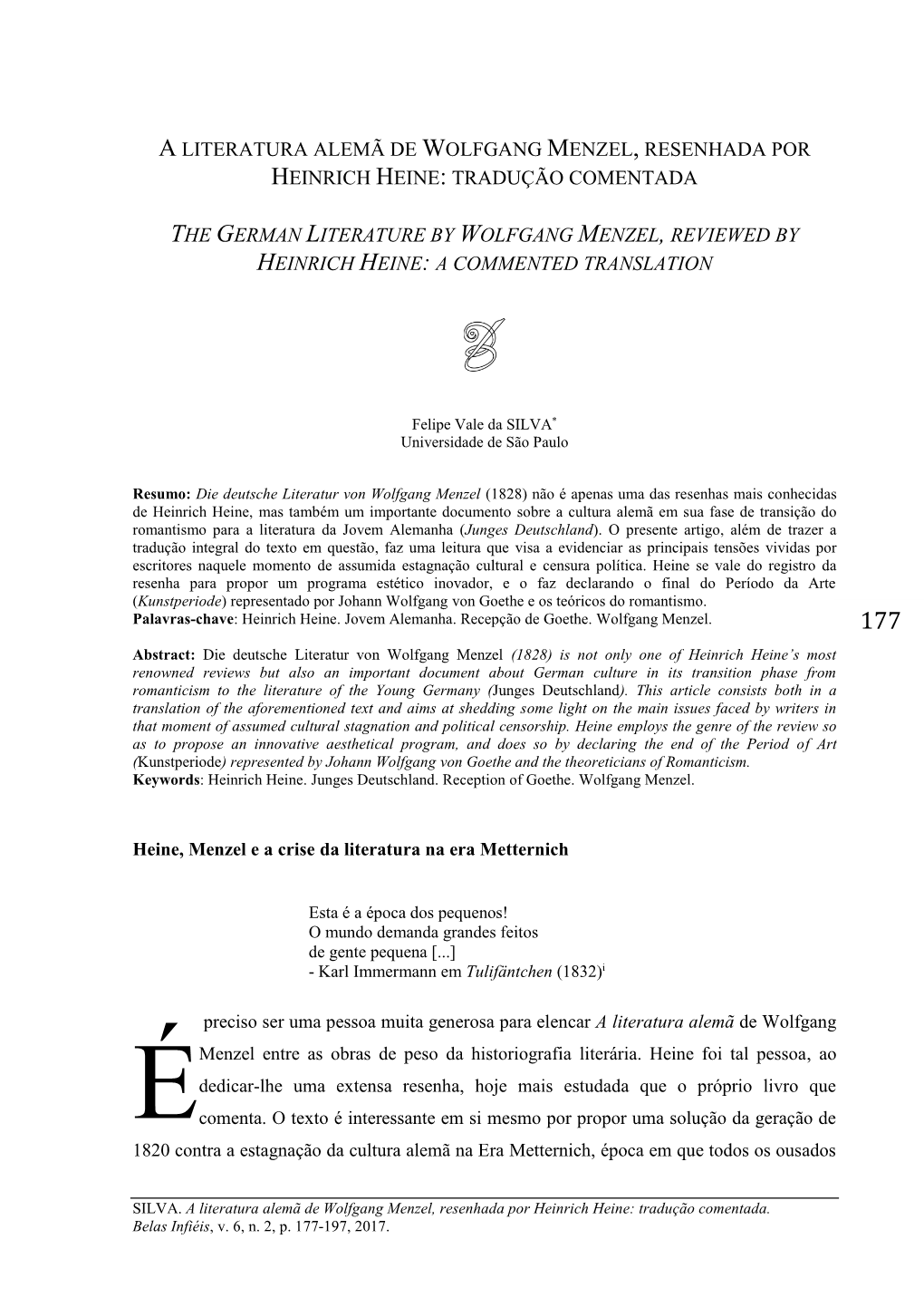 A Literatura Alemã De Wolfgang Menzel, Resenhada Por Heinrich Heine: Tradução Comentada