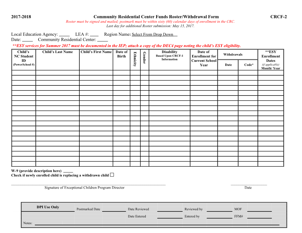 2017-2018 Community Residential Center Funds Roster/Withdrawal Form CRCF-2