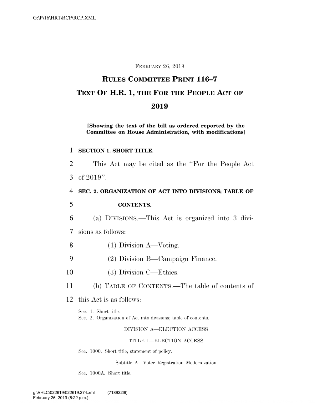 Rules Committee Print 116–7 Text of Hr 1, the for the People Act of 2019