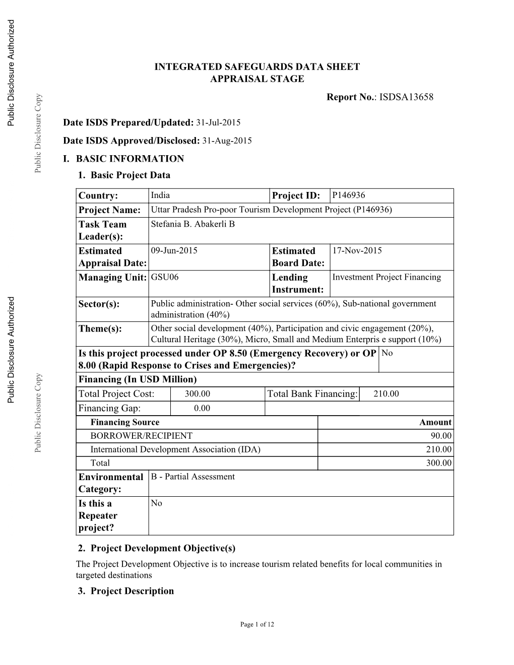 Integrated Safeguards Data Sheet (Appraisal