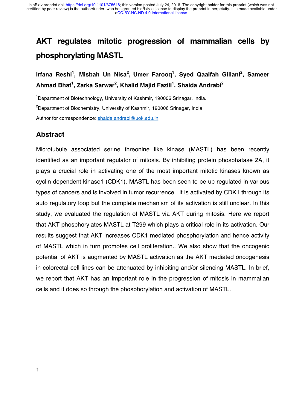 AKT Regulates Mitotic Progression of Mammalian Cells by Phosphorylating MASTL