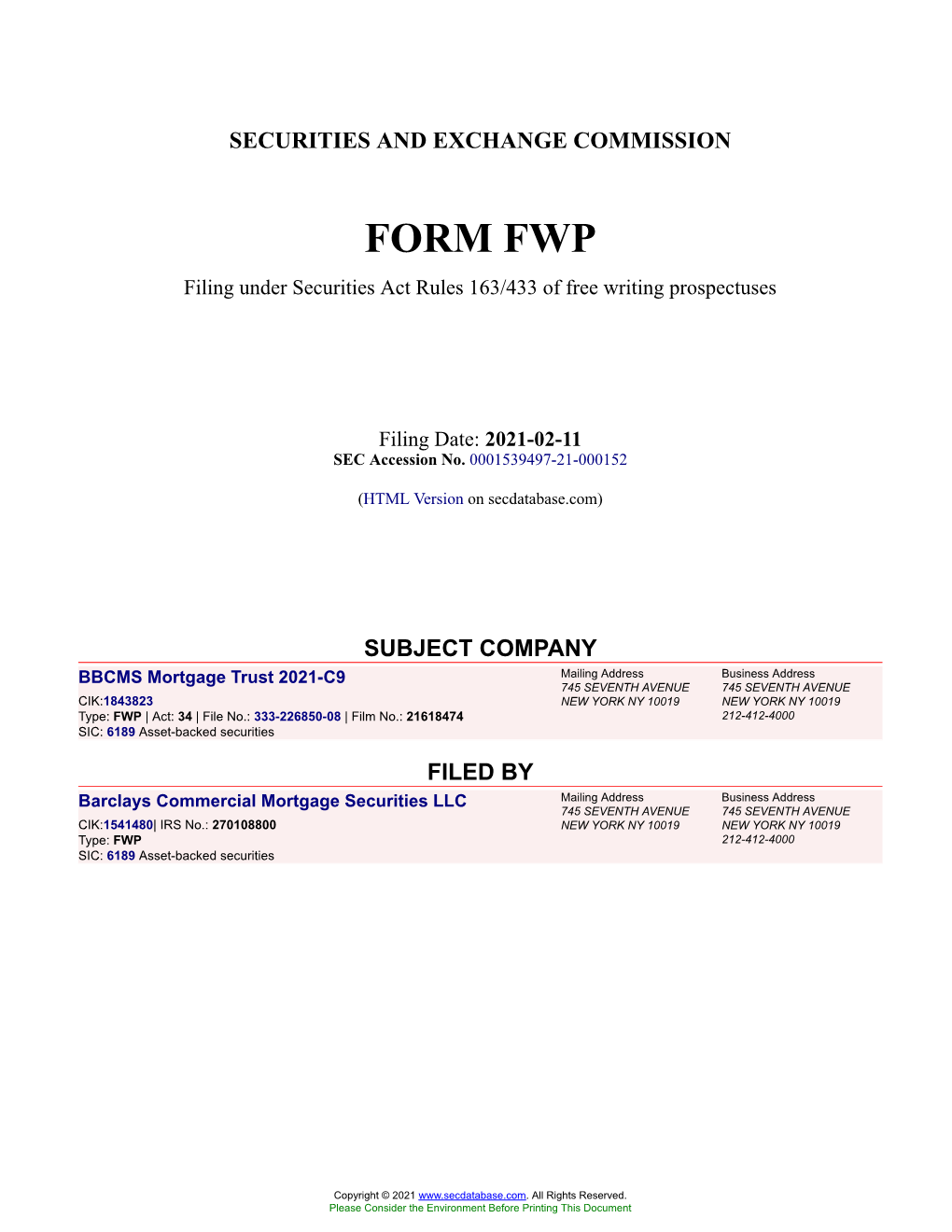 BBCMS Mortgage Trust 2021-C9 Form FWP Filed 2021-02-11