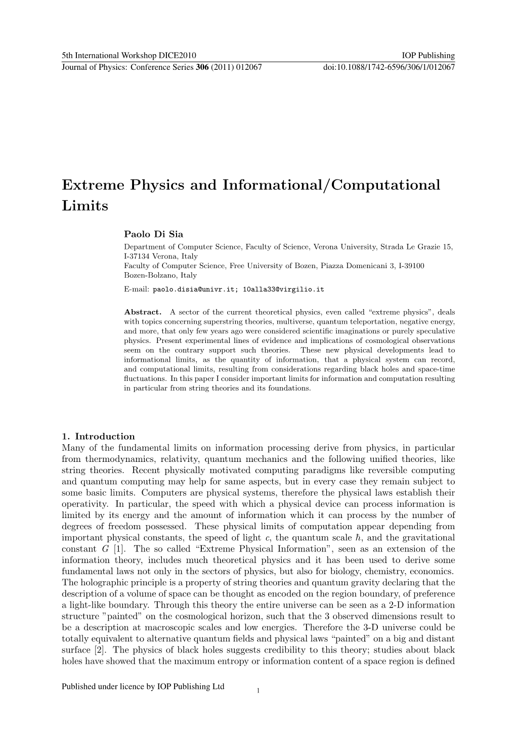 Extreme Physics and Informational/Computational Limits