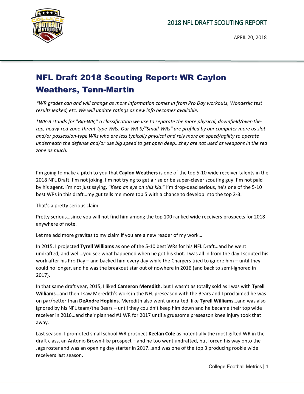 NFL Draft 2018 Scouting Report: WR Caylon Weathers, Tenn-Martin