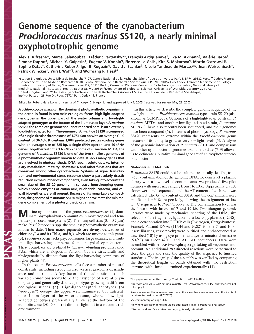 Genome Sequence of the Cyanobacterium Prochlorococcus Marinus SS120, a Nearly Minimal Oxyphototrophic Genome