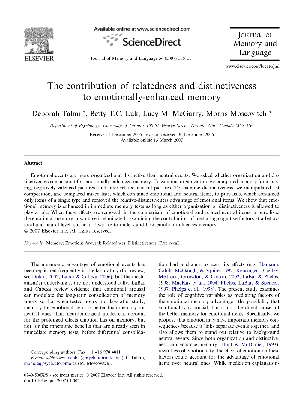 The Contribution of Relatedness and Distinctiveness to Emotionally-Enhanced Memory