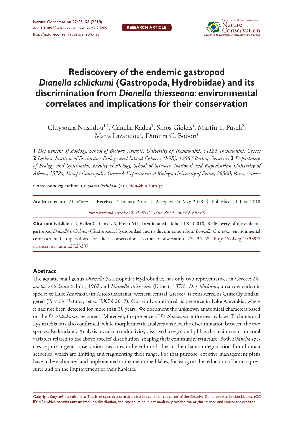 Rediscovery of the Endemic Gastropod Dianella Schlickumi (Gastropoda, Hydrobiidae) and Its Discrimination from Dianella Thiessea