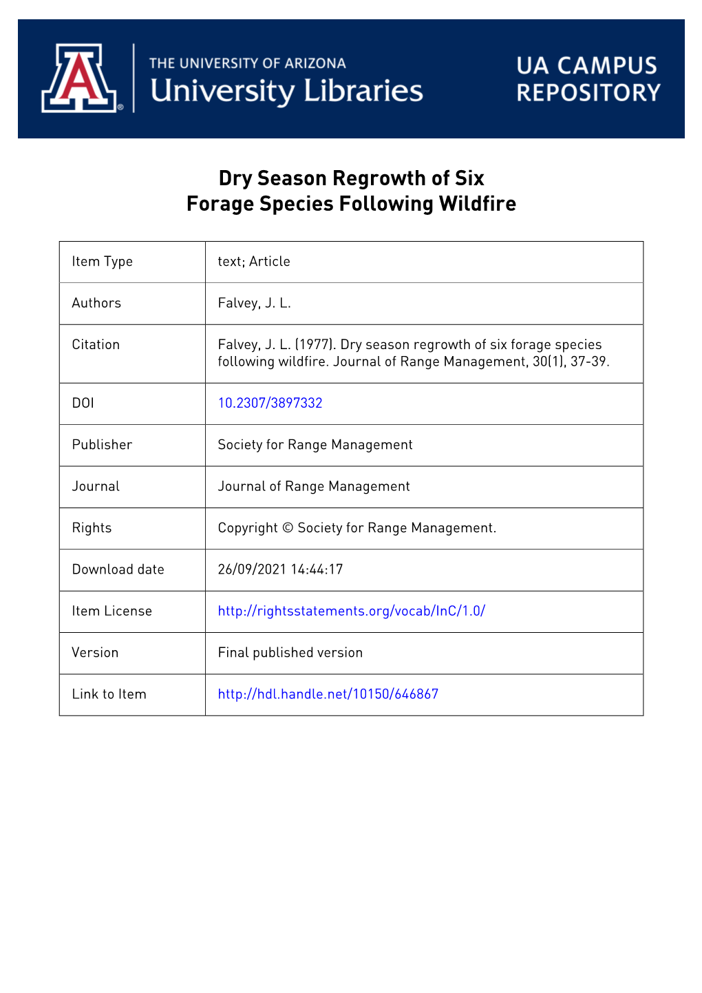 Dry Season Regrowth of Six Forage Species Following Wildfire