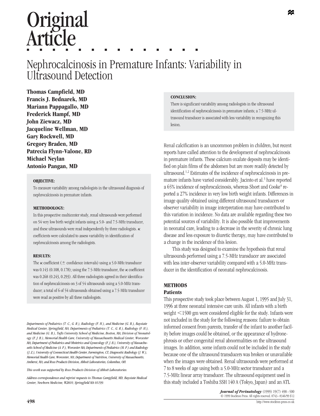 Nephrocalcinosis in Premature Infants: Variability in Ultrasound Detection
