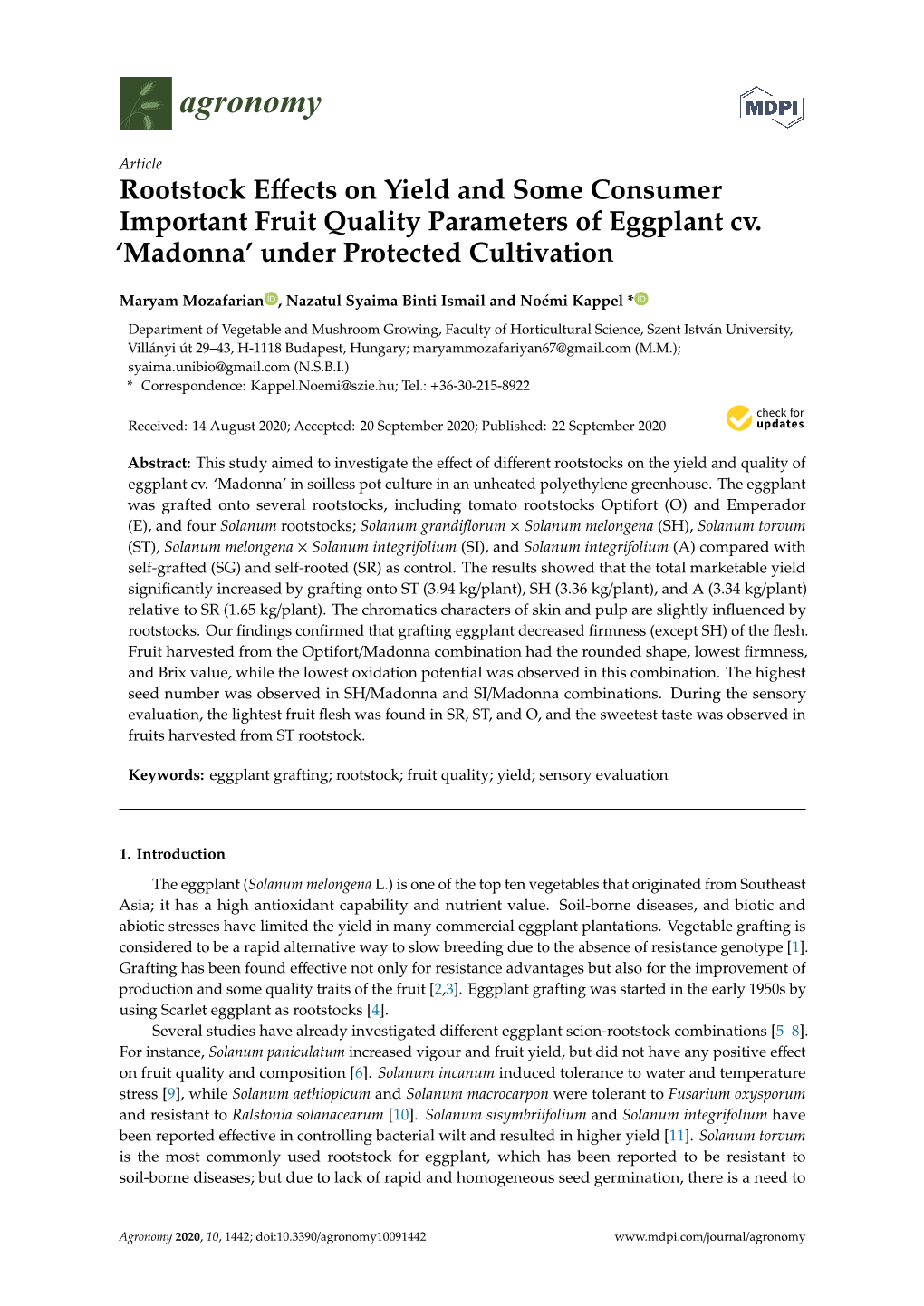 Rootstock Effects on Yield and Some Consumer Important Fruit Quality Parameters of Eggplant