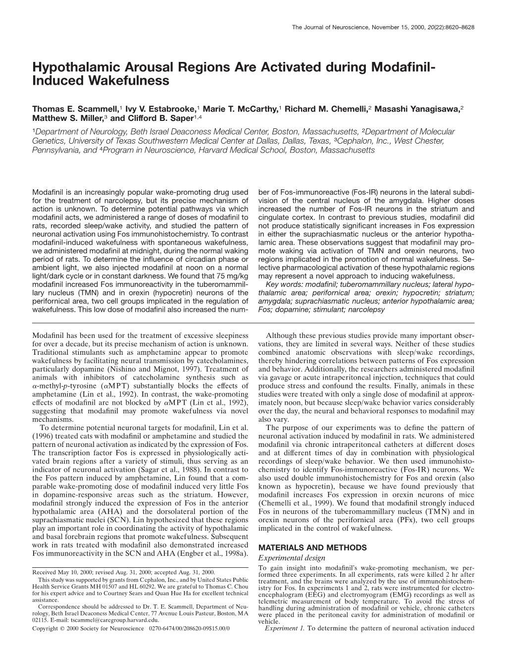 Hypothalamic Arousal Regions Are Activated During Modafinil-Induced