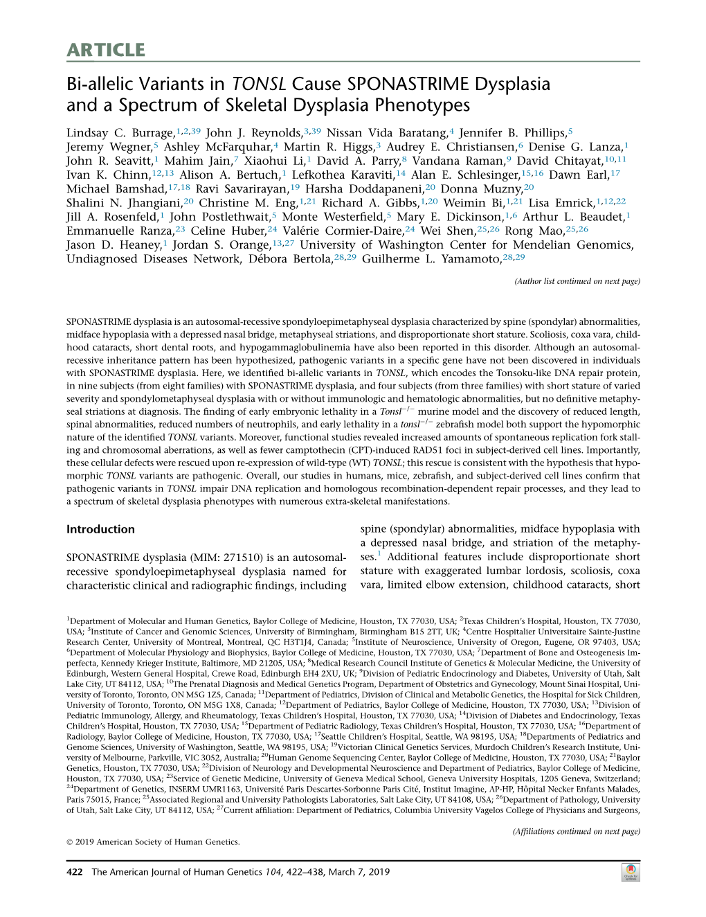 Bi-Allelic Variants in TONSL Cause SPONASTRIME Dysplasia and a Spectrum of Skeletal Dysplasia Phenotypes