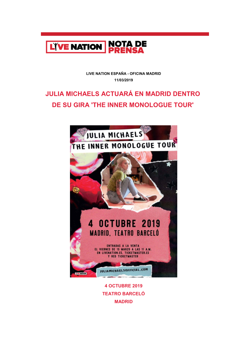 Julia Michaels Actuará En Madrid Dentro De Su Gira 'The Inner Monologue Tour'